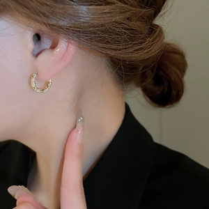 Elegant gold twisted hoop earrings with pave zircon crystals worn by a model