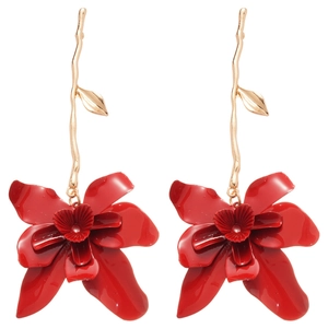 Elegant gold branch with red layered flower drop earrings in a vintage floral style