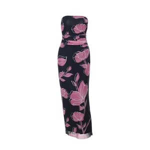 Ruched strapless mesh dress featuring black and pink floral print in a long slim silhouette
