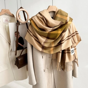 Classic plaid checkered scarf with tassels and Good Luck patch for autumn and winter