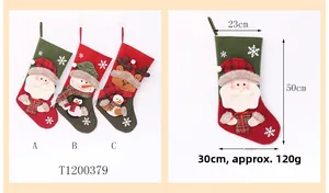 Detail view of 50cm Christmas stocking with plush Santa, Snowman and Reindeer applique