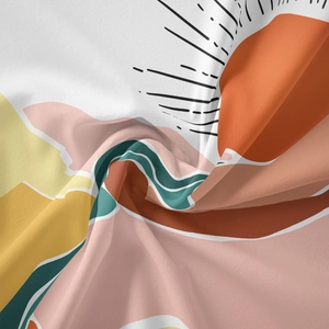 Bohemian tapestry with abstract geometric mountains and sun in a spiral fold presentation