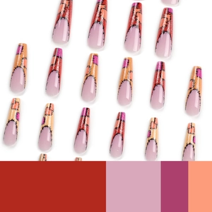 Unghie finte extra lunghe a bara con design patchwork autunnale e finitura glitterata