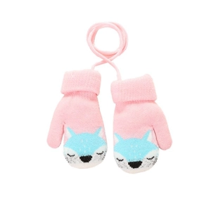 Pink winter knit gloves for toddlers with cute blue fox pattern and hanging neck cord