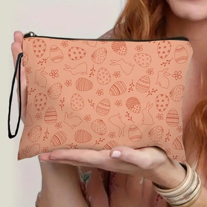Easter Bunny Egg Print Makeup Bag Imitation Linen Cosmetic Pouch With Zipper And Wrist Strap For Travel Storage