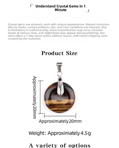 Size chart for 20mm tiger eye donut pendant showing weight and dimensions