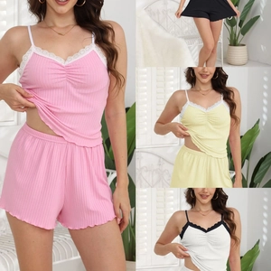 Pigiama In Maglia A Costine Da Donna Top A Canotta E Pantaloncini Pizzo Sexy Scollo A V Abbigliamento Da Notte Comodo Morbido