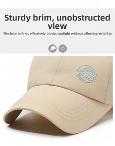 Detail of embroidered Opportunity logo and reinforced stitching on beige sun hat brim
