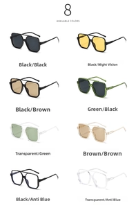Matrix showing 8 available colors of oversized square double-bridge sunglasses in detail