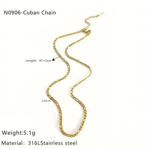 Detail of 2.8mm 316L stainless steel gold Cuban chain necklace with length parameters