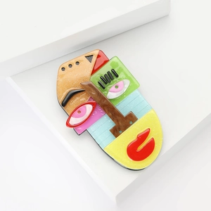 Abstract acrylic Van Gogh style portrait brooch with colorful geometric art patterns