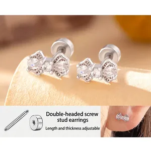 Bow Stud Earrings Titanium Steel And Cubic Zirconia Double Head Screw Back Piercing Ear Bone Jewelry For Women