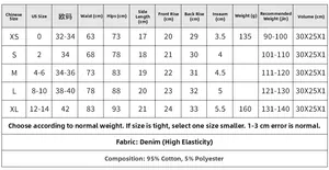 Tabella taglie per pantaloncini in denim elasticizzati a vita alta con misure US/EU e tessuti