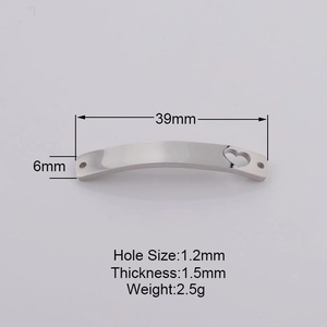 Polished 39mm stainless steel curved bar pendant with heart cutout and drill holes
