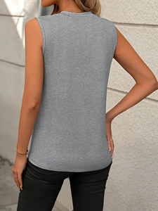 Close-up back view of casual grey sleeveless vest showing soft knit fabric texture