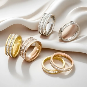 Detail of 18K gold and silver plated eternity rings with sparkling zircon stones