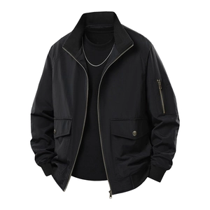 Men's black flight bomber jacket with stand collar and functional multi-pockets