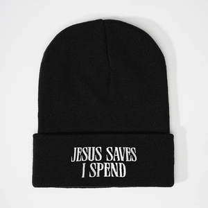 Bonnet en tricot noir classique avec broderie blanche Jesus Saves I Spend sur le revers