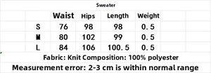 Detailed size chart for the knit pleated midi skirt showing measurements in centimeters