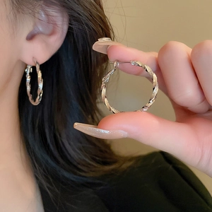 Detailed close-up of silver twisted hoop earrings with elegant textured metal finish