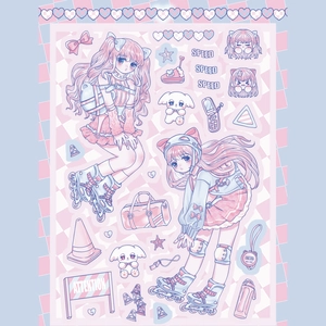 Y2K style cute skating girls stickers with dogs and cakes on pink checkered background