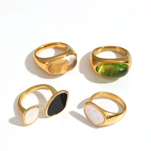 Elegant gold stainless steel rings with oval natural stones and resin inlays for women