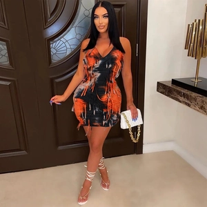 Sexy halter V-neck sleeveless backless fringe dress with orange and black patchwork