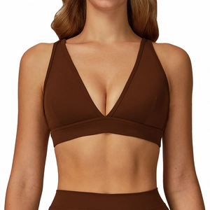 Soutien-gorge de sport marron foncé avec col en V profond et bretelles larges pour le yoga
