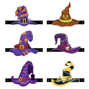 Detailed grid of six cartoon Halloween witch hats with colorful spooky patterns and straps