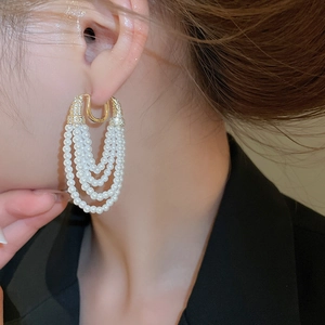 Gros plan sur des boucles d'oreilles multicouches en perles et zircons sur un mannequin