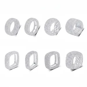 Hip Hop Wide Band Ring Copper 18K Gold Plated Micro Pave Cubic Zirconia Geometric Hollow Jewelry For Men Women