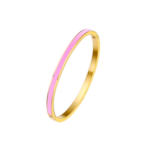 Close-up of pink enamel inlay on 3mm gold-plated titanium steel hinged bangle bracelet