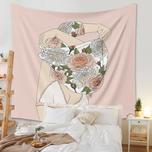 Tapisserie murale minimaliste avec art floral au trait sur fond rose tendre de chambre