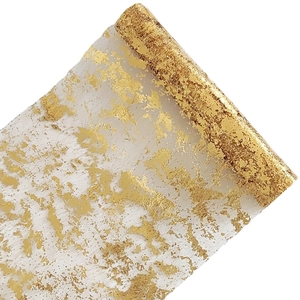 White semi-transparent mesh table runner with elegant gold foil print texture