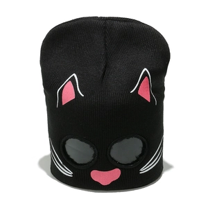 Detailed view of black knitted cat-themed beanie with built-in protective goggles and pink ears
