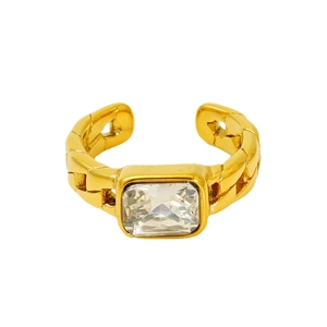 Vintage gold stainless steel Cuban chain ring with rectangular zircon in a secure setting