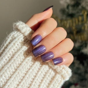 Short Square Round Press On Nails Purple Grey Gradient Cat Eye Magnetic Glitter Glossy Artificial False Nails For Women