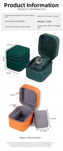 Detail view of portable PU leather watch case showing interior velvet and 8x10x8cm dimensions