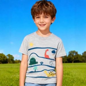 Boys T Shirt Combed Cotton Cartoon Dinosaur Print Short Sleeve Round Neck Summer Casual Breathable Kids Top Clothing