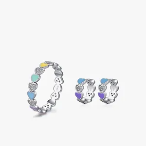 925 Sterling Silver Jewelry Set Colorful Enamel Heart Ring And Hoop Earrings For Women Dainty Zirconia Fashion