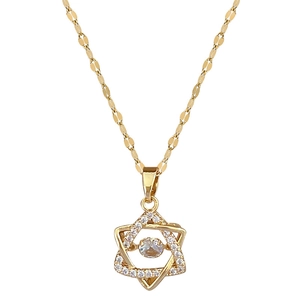 Elegant gold hexagram star necklace with sparkling crystal inlay on white background