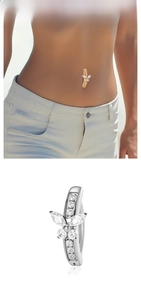 Close-up and worn view of titanium butterfly belly button ring with zircon stones
