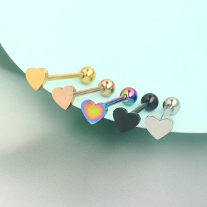 Five-piece heart stainless steel tongue studs in gold, silver, rose gold, black, and rainbow