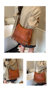 Detailed view of brown retro fringe shoulder bag with bohemian textured leather details