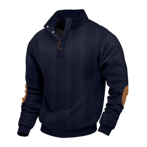 Navy cable knit pullover featuring stand collar with buttons and brown elbow patches