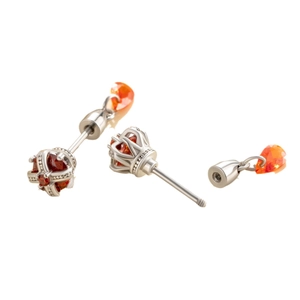 Silver crown cartilage earring with orange-red gemstone and secure screw back design