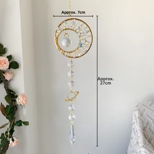 Detail of moon suncatcher with crystals and Saturn charm, dimensions 7cm by 27cm
