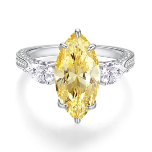 Luxury 925 silver ring with large marquise yellow stone and pear side diamonds