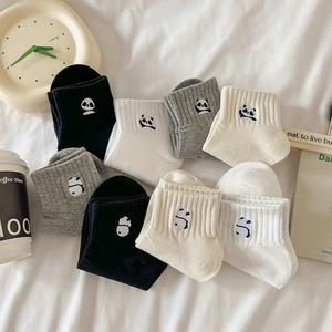 Set of 8 pairs cotton crew socks with panda embroidery in black, white and grey colors