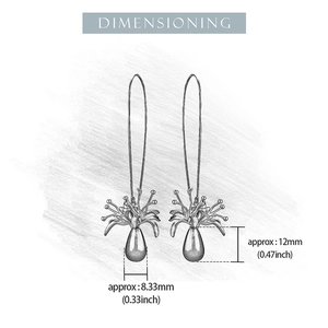 Detailed dimensioning of silver flower earrings with green chalcedony water drop pendants